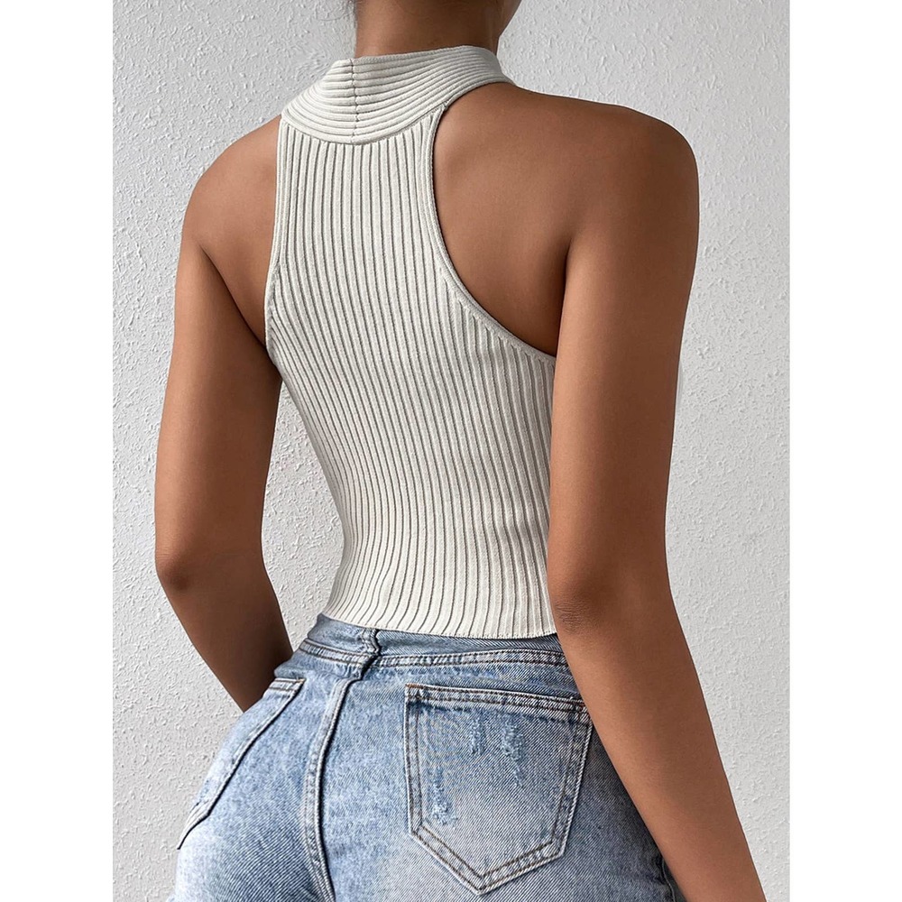 High neck ribbed knit Crisscross Halter Knit crop Top y2k cream - Picture 3 of 8